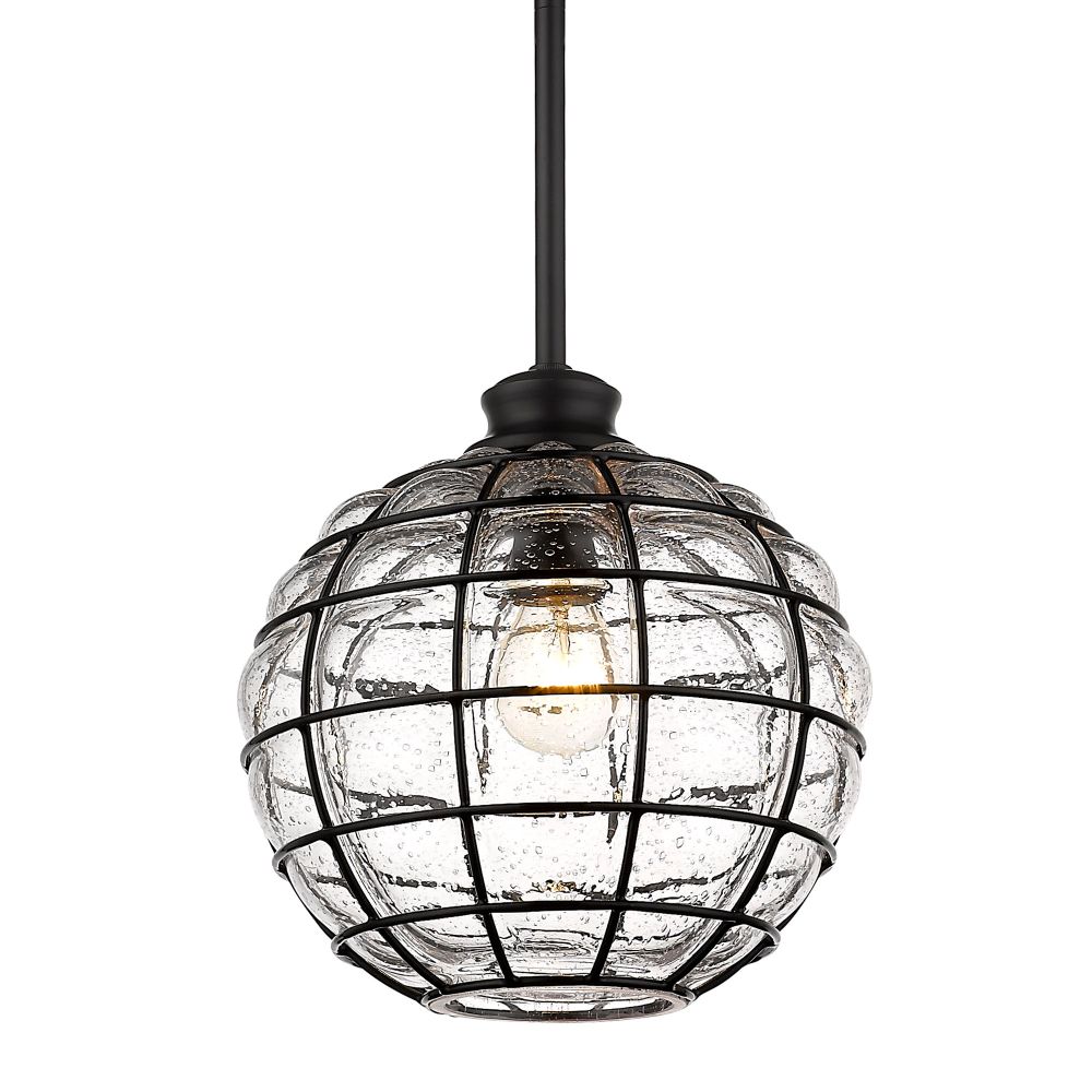 Golden Lighting 1096-S BLK-SD Powell Small Pendant in Matte Black with Seeded Glass